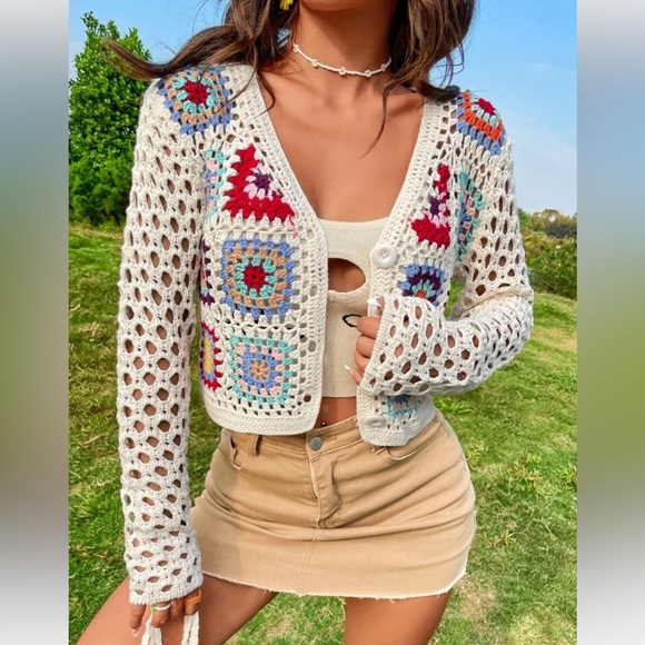SHEIN Floral Crochet Openwork Cardigan in size large - Picture 3 of 10